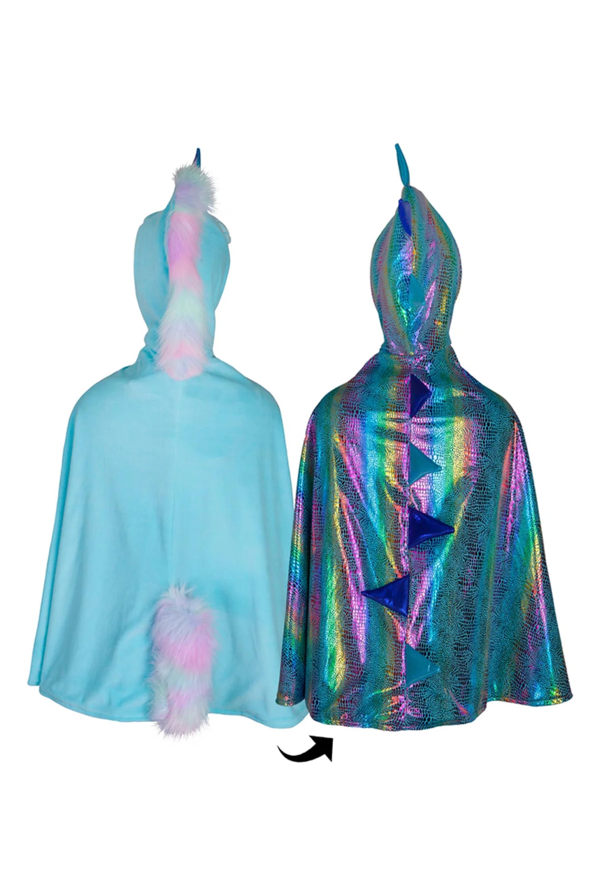 Unicorn Dragon Reversible Cape with soft blue unicorn side and shiny dragon scale side, hooded with mane and tail.