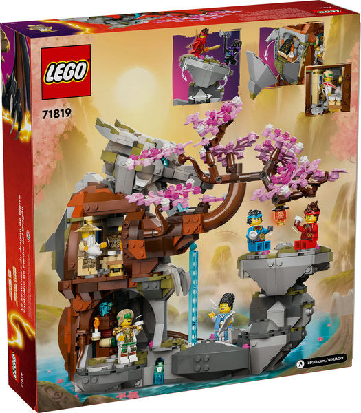 LEGO Ninjago Dragon Stone Shrine playset with stone dragon, cherry blossom tree, waterfall, and six ninja minifigures.