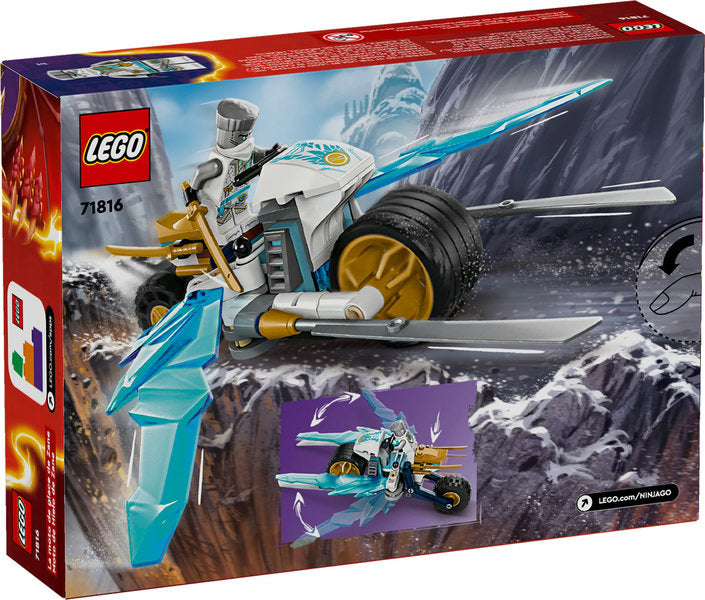 Ninjago Zane's Ice Motorcycle LEGO set with moving wheels, ice blades, and Zane minifigure in tournament armor.