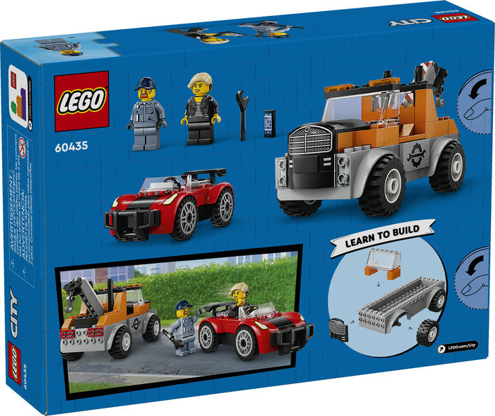 City Tow Truck and Sports Car Repair LEGO set with tow truck, sports car, and driver minifigures for creative play.