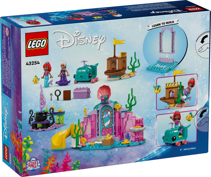 LEGO Disney Princess Ariel's Crystal Cavern set with mini dolls, whale vehicle, shipwreck, treasure chest, and slide.