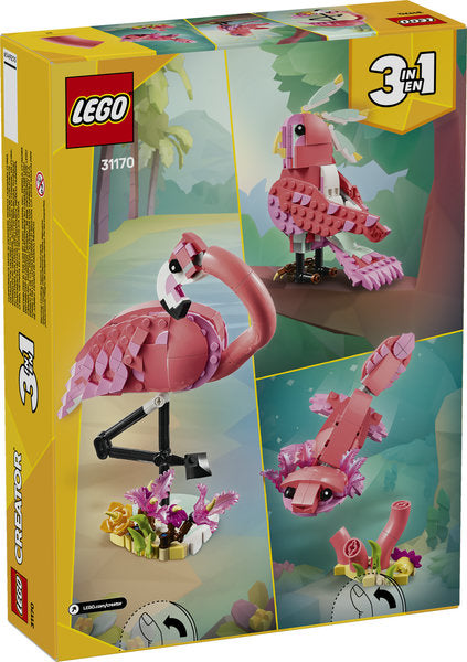 LEGO Creator Wild Animals: Pink Flamingo 3in1 set with posable pink flamingo, cockatoo, and axolotl animal models.