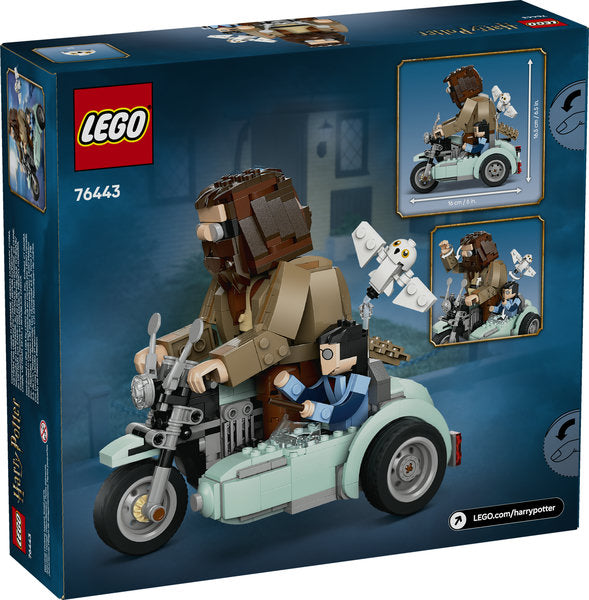 Harry Potter Hagrid & Harry’s Motorcycle Ride LEGO set showing Hagrid and Harry on a motorbike with Hedwig figure.