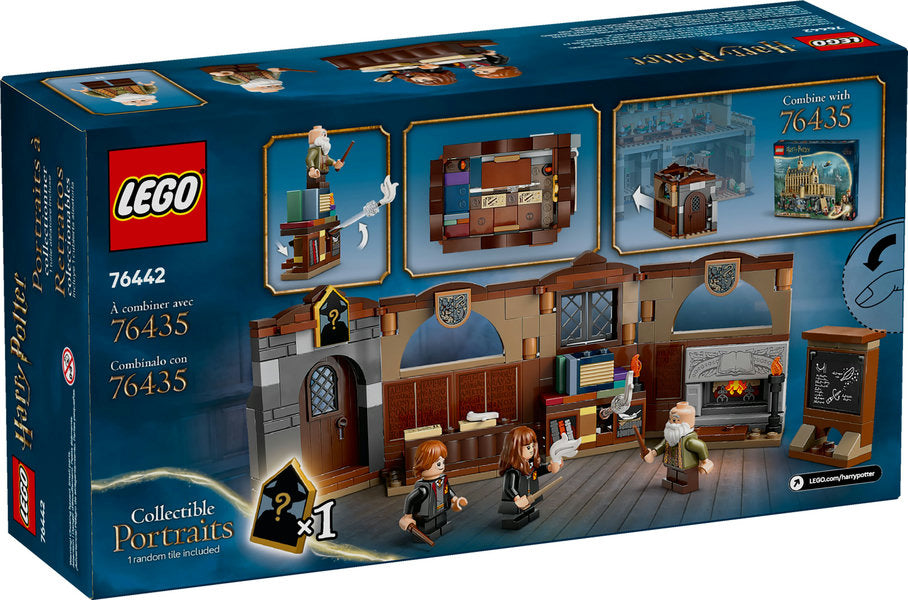 Harry Potter Hogwarts Castle: Charms Class set with buildable classroom, spell chalkboard, and LEGO characters Ron, Hermione, and Flitwick.