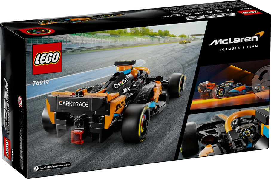 Speed 2023 McLaren Formula 1 Car LEGO set featuring black-and-papaya F1 race car with realistic details and driver minifigure.