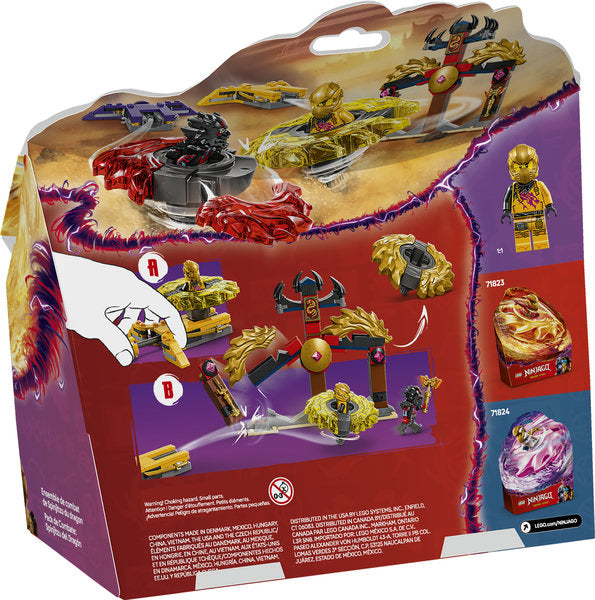 Ninjago Dragon Spinjitzu Battle Pack with two spinners, minifigures Arin and Ras, and battle arena temple toy set.