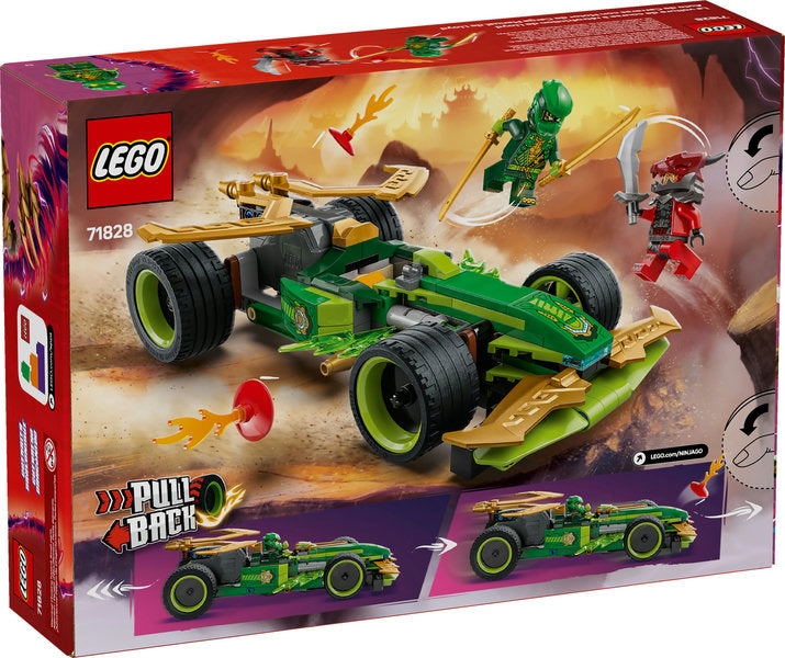 Ninjago Lloyd's Pull-Back Race Car features a green race car with lightning blades and two minifigures for action-packed play.