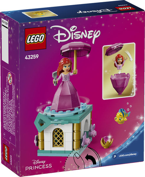 LEGO Disney Princess Twirling Ariel set with Ariel in diamond dress, umbrella, fork, Flounder, and decorated stand.