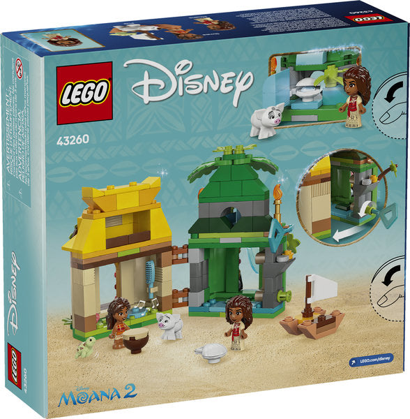 LEGO Disney Princess Moana's Island Fun set featuring Moana, island house, waterfall slide, boat, Pua, and island adventure play.