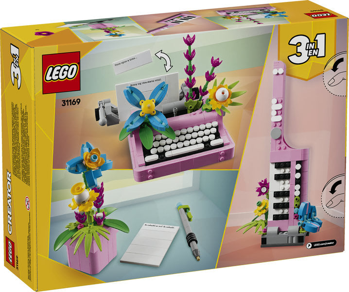 Creator Typewriter with Flowers LEGO set featuring a pink typewriter with colorful flower decorations and buildable details.