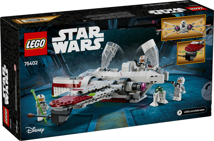 LEGO Star Wars ARC-170 Starfighter building toy with 3 cockpits, adjustable wings, minifigures, and spring-loaded shooters.