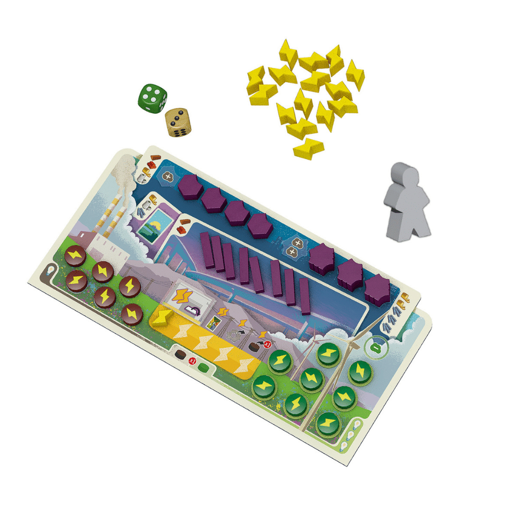 Catan: New Energies player board with power plants, energy tokens, dice, and game pieces in a standalone board game setup.