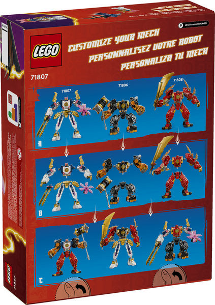 LEGO Ninjago Sora's Elemental Tech Mech customizable toy with posable limbs and ninja minifigures inside cockpit.