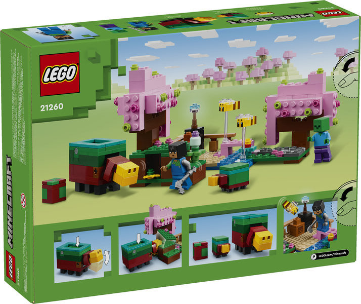 LEGO Minecraft The Cherry Blossom Garden set with cherry trees, bees, Steve, turtle, and sneaky zombie in a sand garden scene.