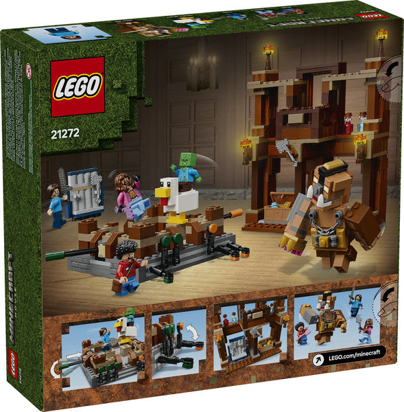 Minecraft Woodland Mansion Fighting Ring LEGO set with minifigures, mansion facade, weapons, and a functional fighting ring.
