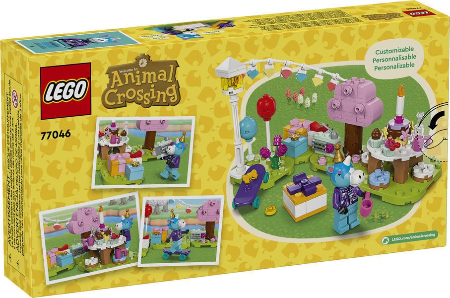 LEGO Animal Crossing Julian's Birthday Party set with Julian minifigure, cake, presents, and customizable party scene pieces.