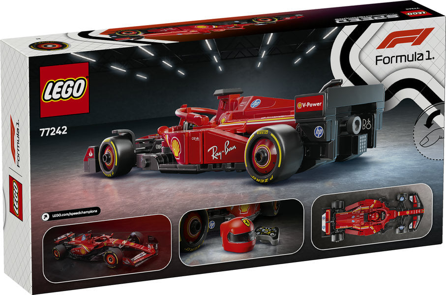 LEGO Speed Ferrari SF-24 F1 Race Car set featuring a detailed red F1 model with driver minifigure and racing accessories.