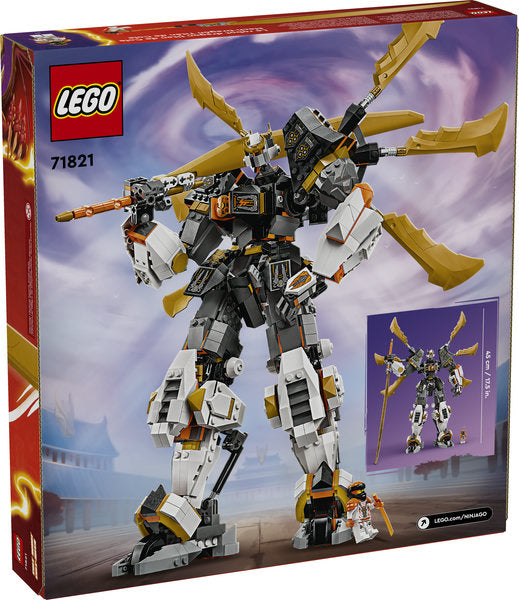 Ninjago Cole's Titan Dragon Mech toy with posable wings, sword, and minifigure Mech Cole in battle pose on packaging.