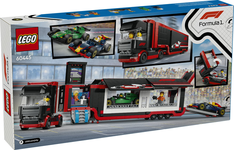 LEGO City F1 Truck with RB20 & AMR24 F1 Cars playset featuring a transport truck, race cars, and minifigures.