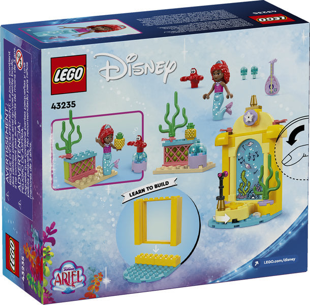 LEGO Disney Princess Ariel’s Music Stage playset with Ariel mini-doll, Sebastian, stage, and musical instruments for creative play.