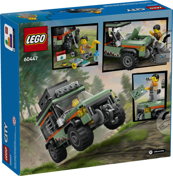 LEGO City Off-Road 4x4 Mountain Truck featuring rugged tires, roof storage, working winch, and snorkel playset.