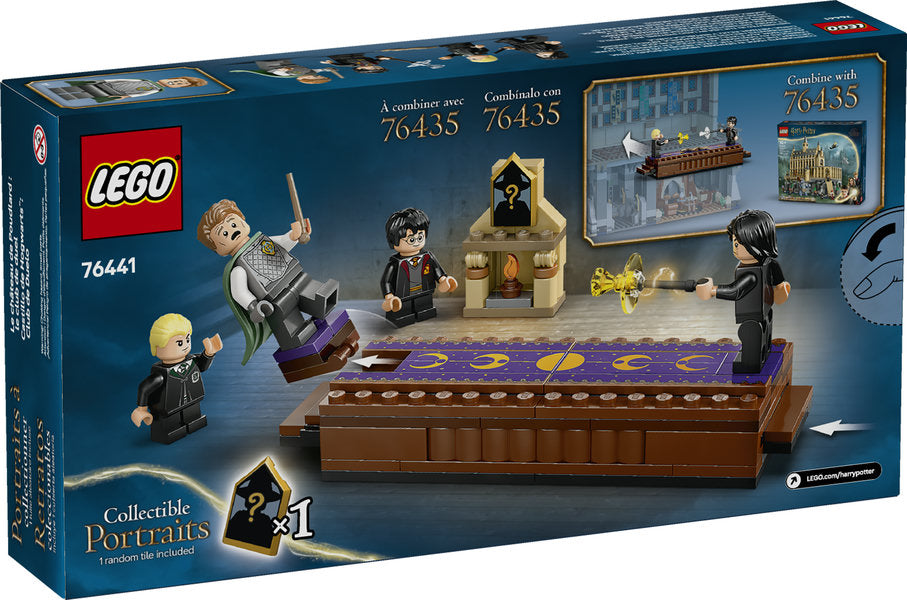 Harry Potter Hogwarts Castle: Dueling Club LEGO set showing battle platform with Harry, Draco, Lockhart, and Snape minifigures.