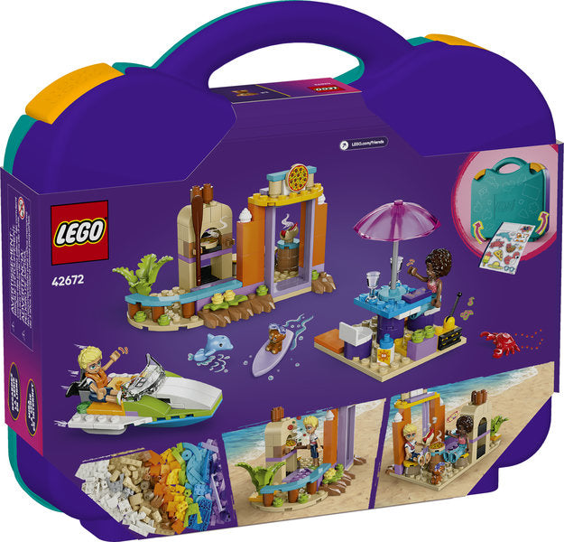 LEGO Friends Creative Beach & Travel Suitcase featuring buildable beach scenes, minidolls, and a portable carrying case.