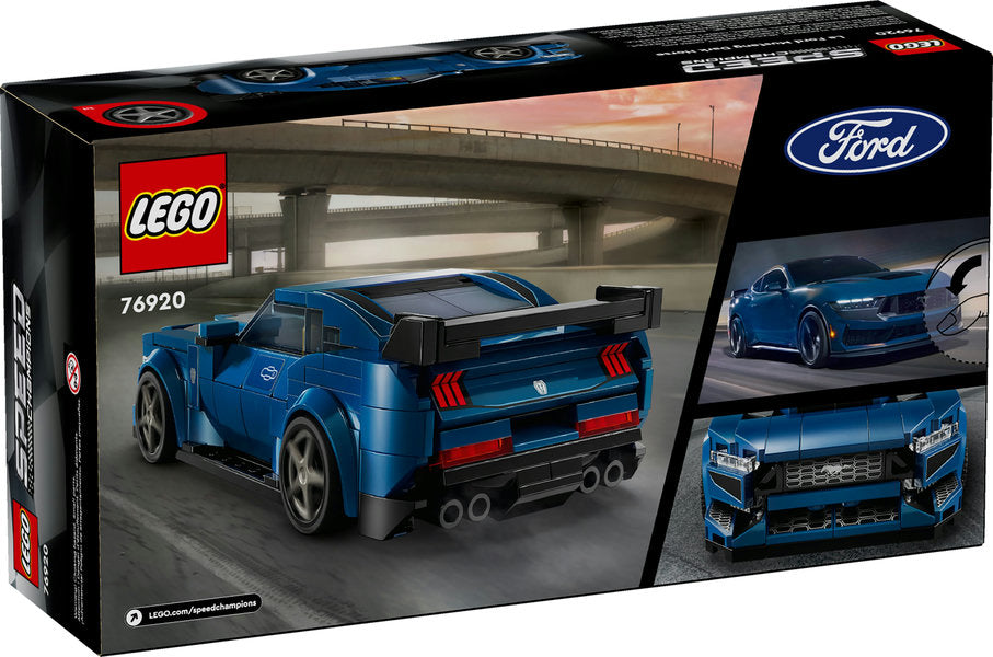 LEGO Speed Ford Mustang Dark Horse toy car model in blue with Ford logos and detailed rear wing, grille, and headlights.