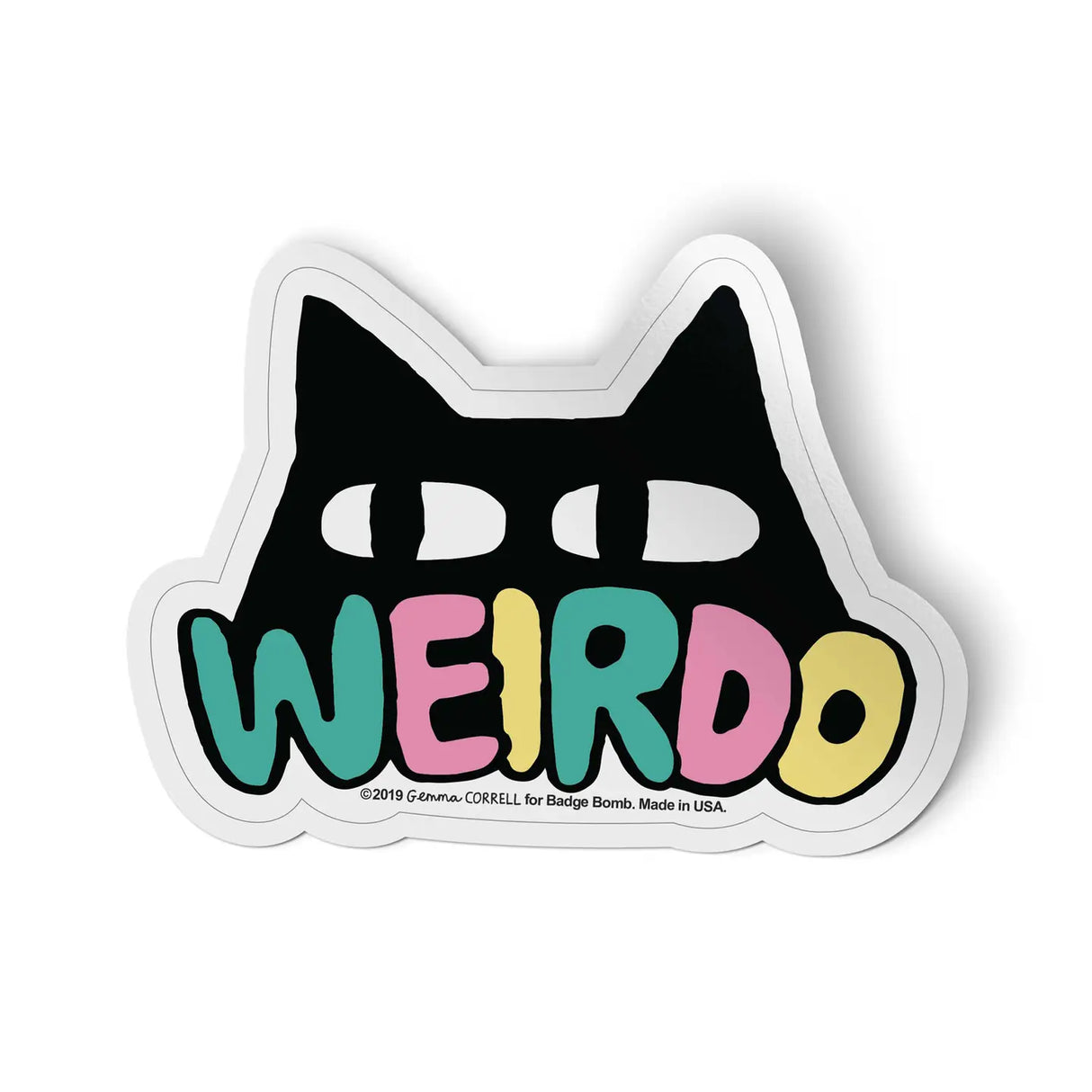 Weirdo Cat Vinyl Sticker showing a black cat with colorful "WEIRDO" text, waterproof and sun-proof, about 3 inches.