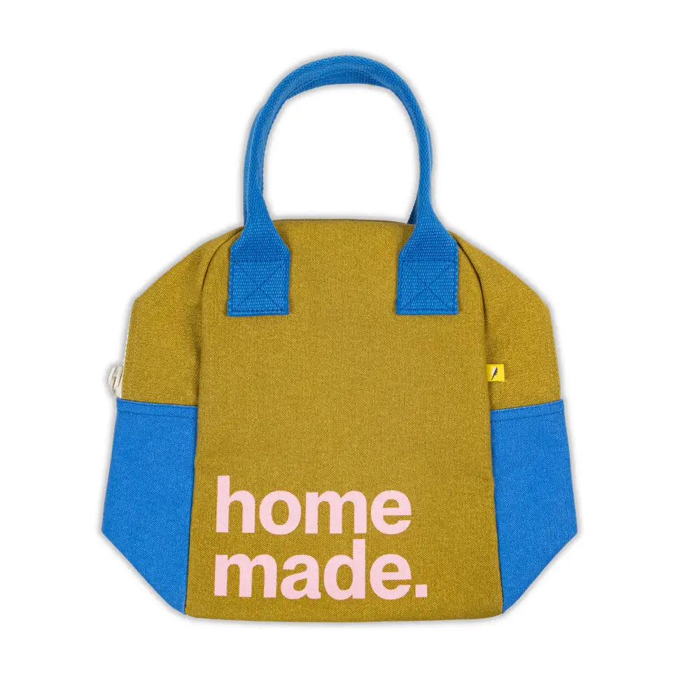 Reusable zipper lunch bag in mustard and blue with short handles and homemade print on front