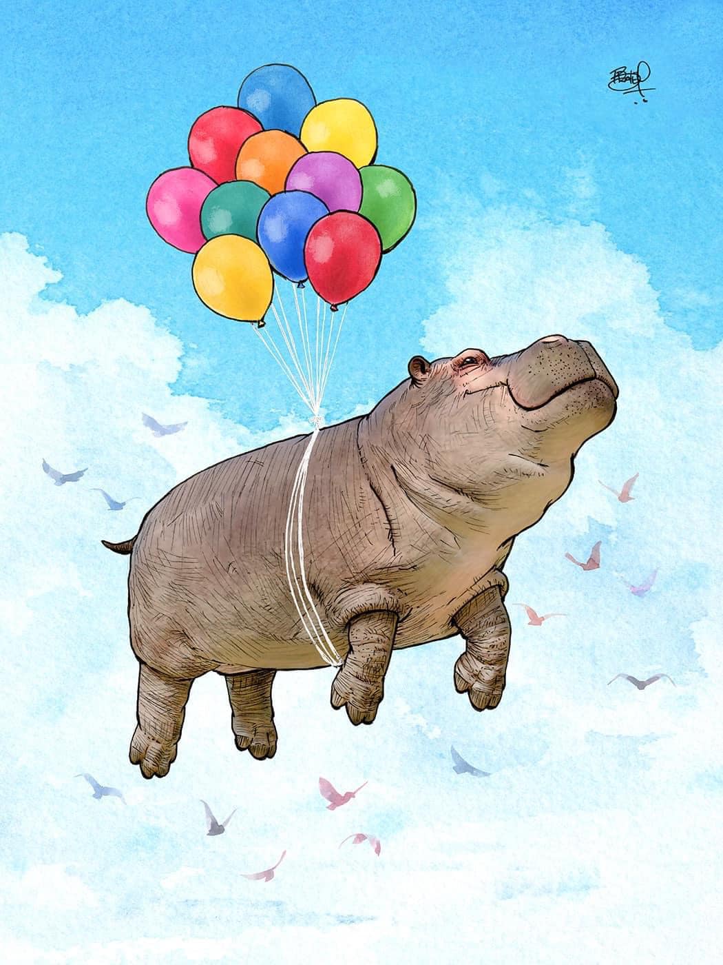 Heavy Lifting Hippo Balloon Card showing a hippo floating with colorful balloons against a blue sky background.
