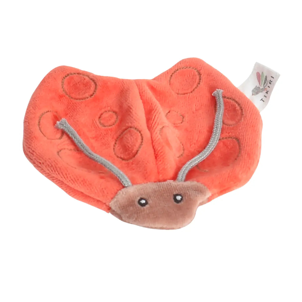Organic Crinkle Fabric | Ladybug baby toy in red with embroidered details and crinkle sensory filling for motor skills.