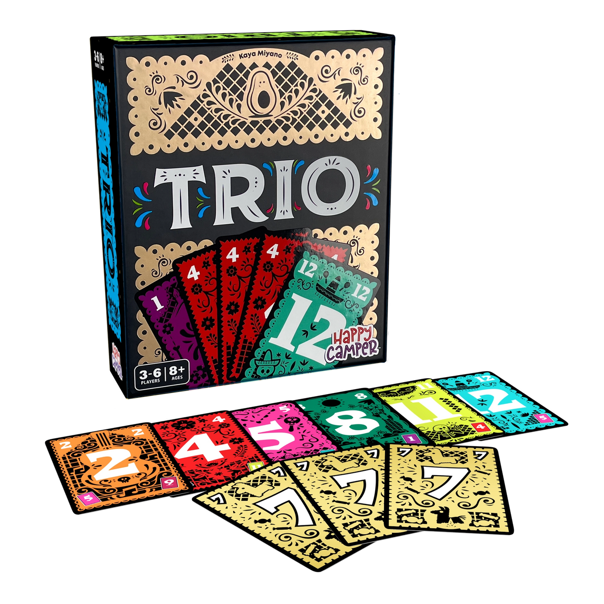 Trio card game box and colorful numbered cards laid out for 3-6 players aged 8 and up with playful design.