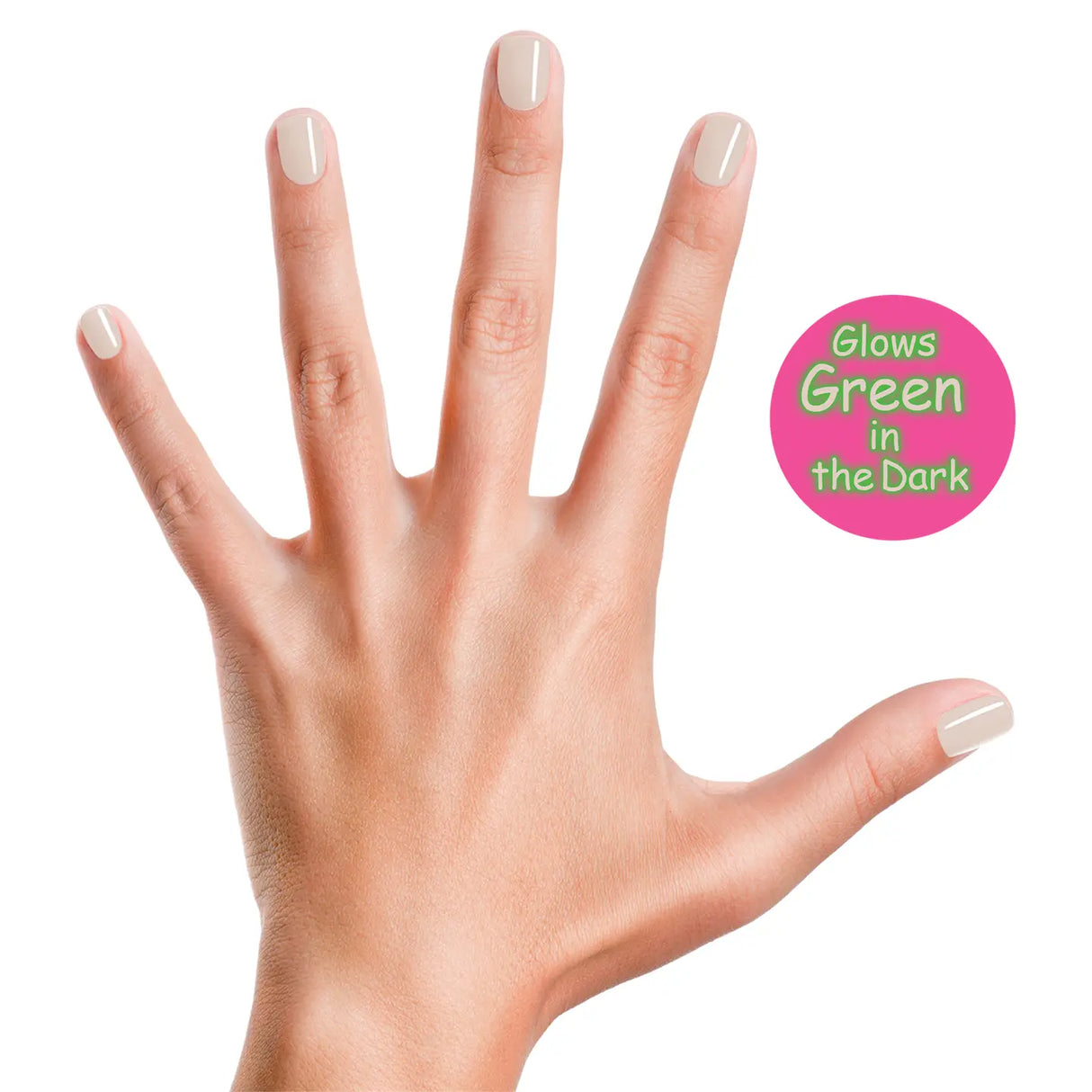 Nail Polish Radioactive on hand with matte white finish and green glow in the dark feature, non-toxic and kid-friendly formula.