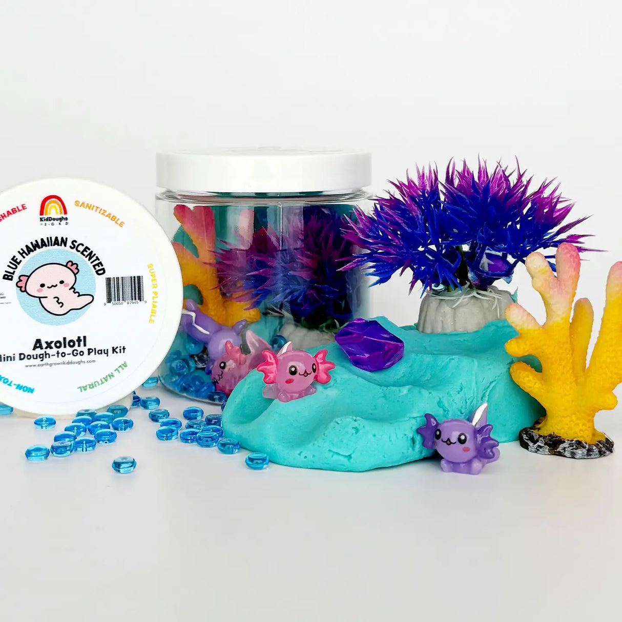 KidDough To Go Mini | Axolotl sensory play kit with blue dough, axolotl figures, coral, and colorful plant pieces.
