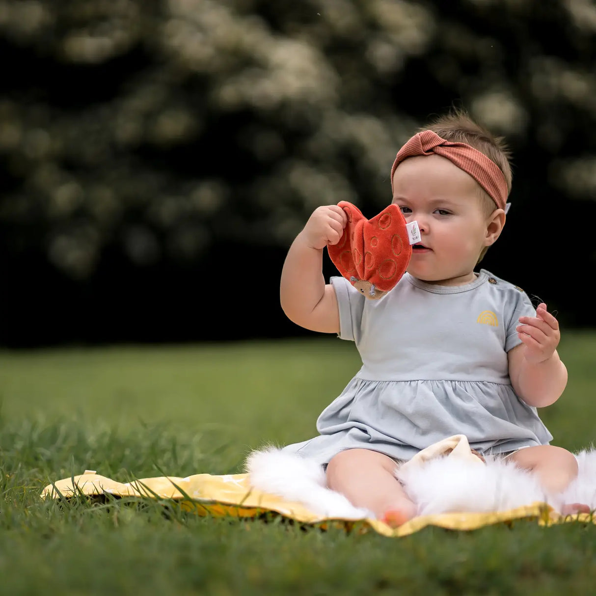 Organic Crinkle Fabric | Ladybug held by baby sitting on grass outdoors, red ladybug sensory toy for motor skills development.