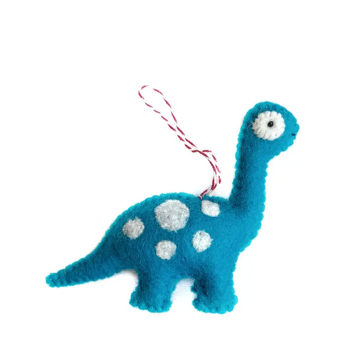Brachiosaurus Dino Felt Ornament handmade blue and white wool dinosaur Christmas decoration with hanging string