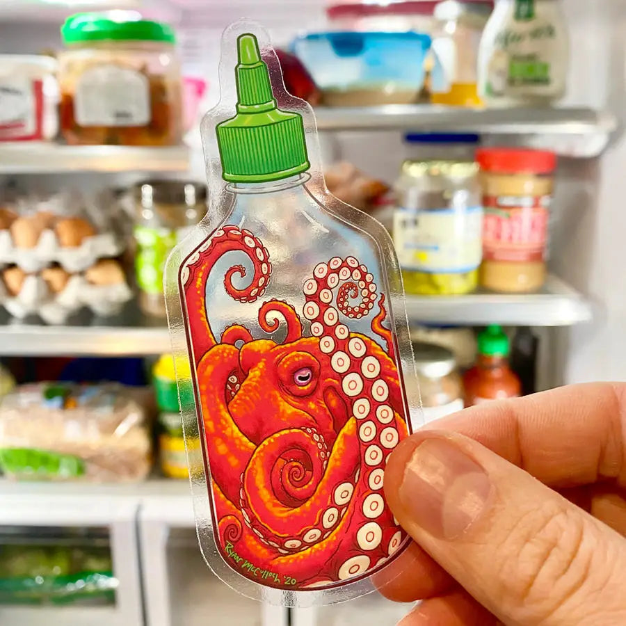 Srirachapus Sticker showing a spicy red octopus inside a clear sriracha bottle held in front of a fridge.