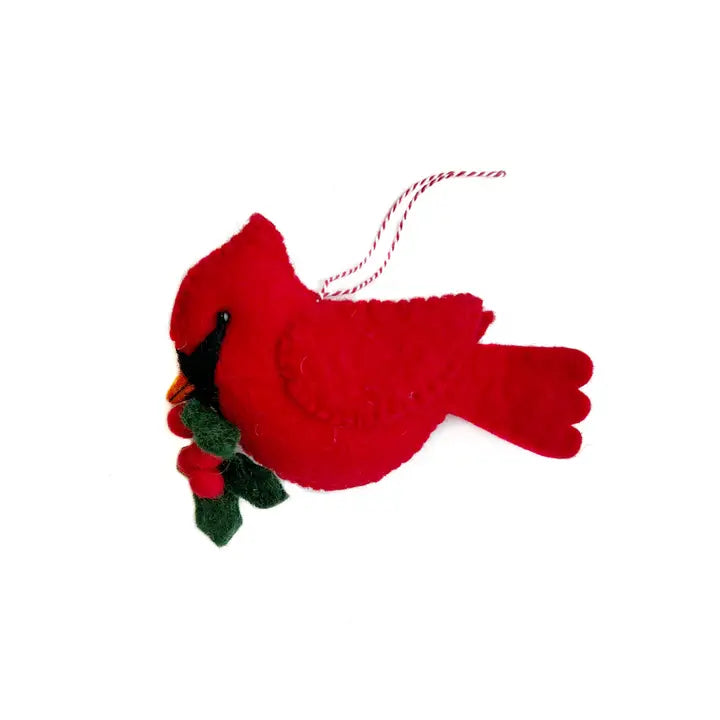 Cardinal with Holly Felt Ornament hanging, handmade red felt cardinal holding green holly for Christmas decor.