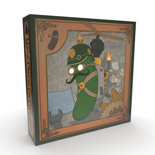 Steampunk style cucumber character with goggles and mechanical gear on a detailed vintage game box cover design.