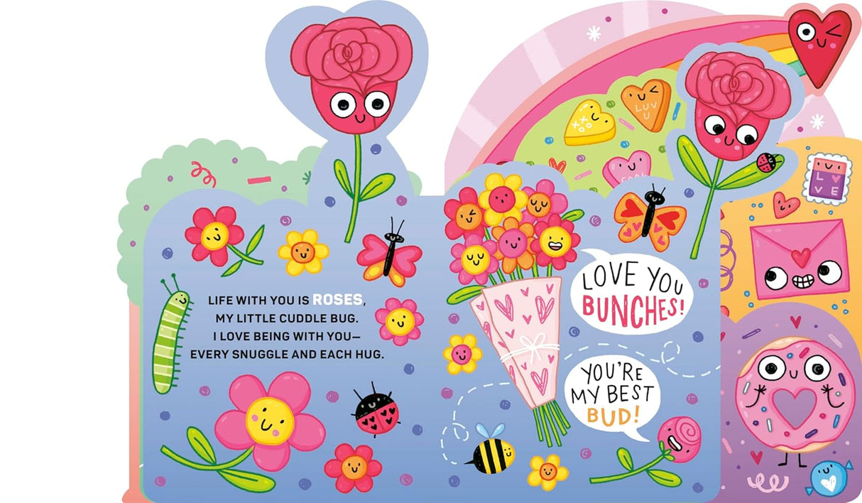 Colorful illustrated page from a picture book filled with cheerful flowers, hearts, and loving messages about friendship and hugs
