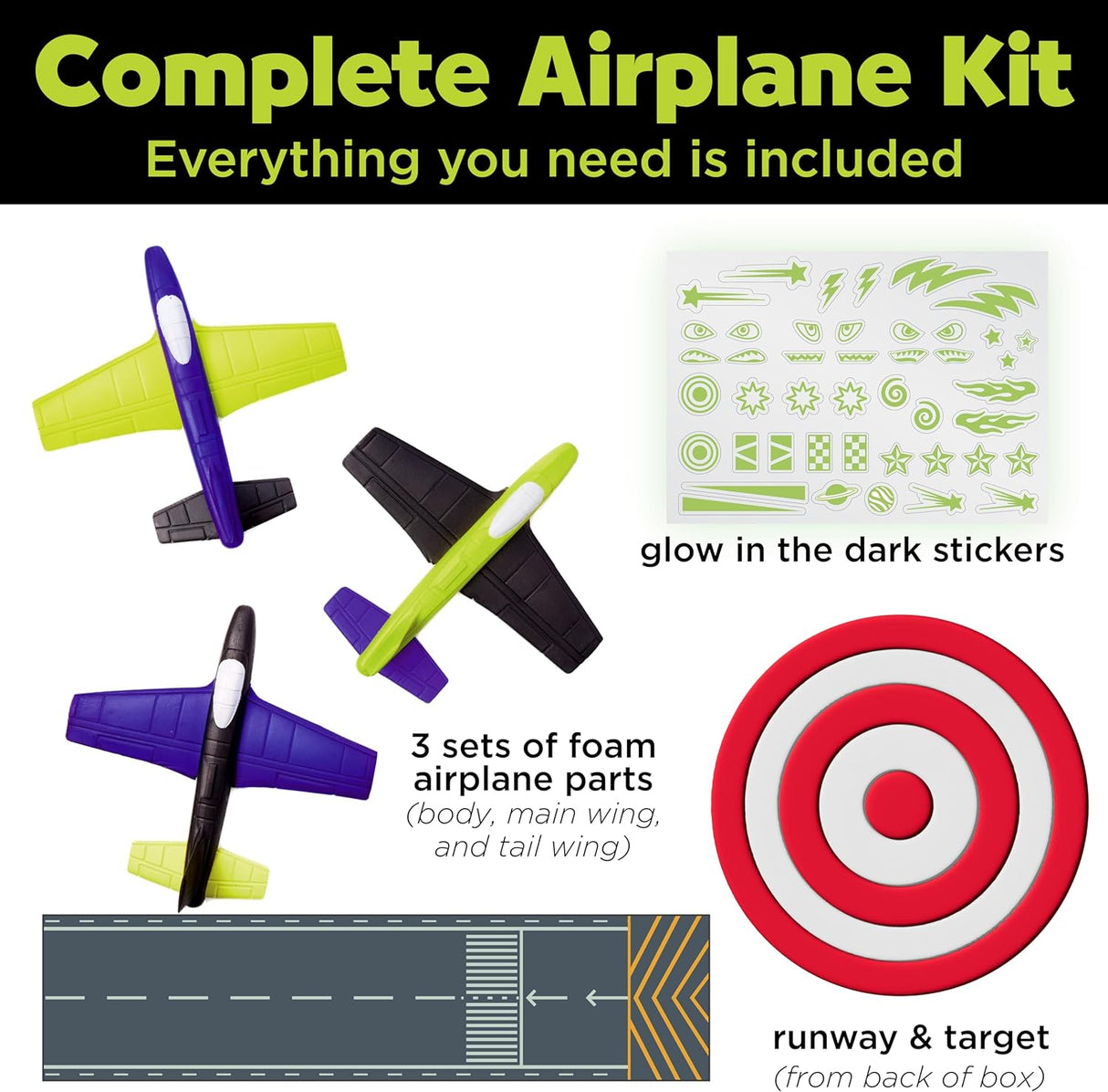 Stunt Squadron Glow Foam Fliers kit with 3 foam planes, glow-in-the-dark stickers, and runway target for indoor outdoor fun.