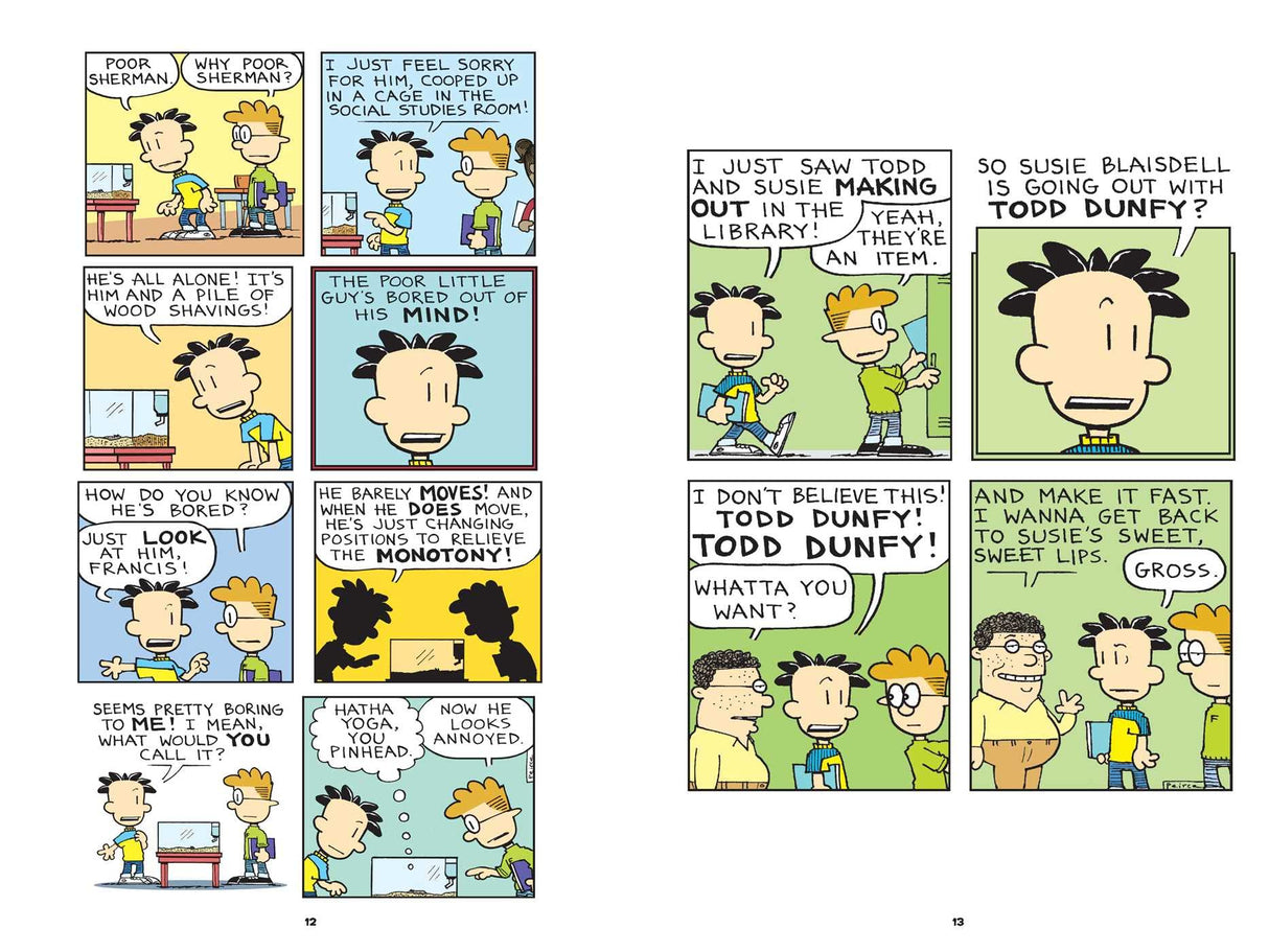 Big Nate: Nailed It! comic pages showing Nate’s misadventures with friends at school and library interactions.