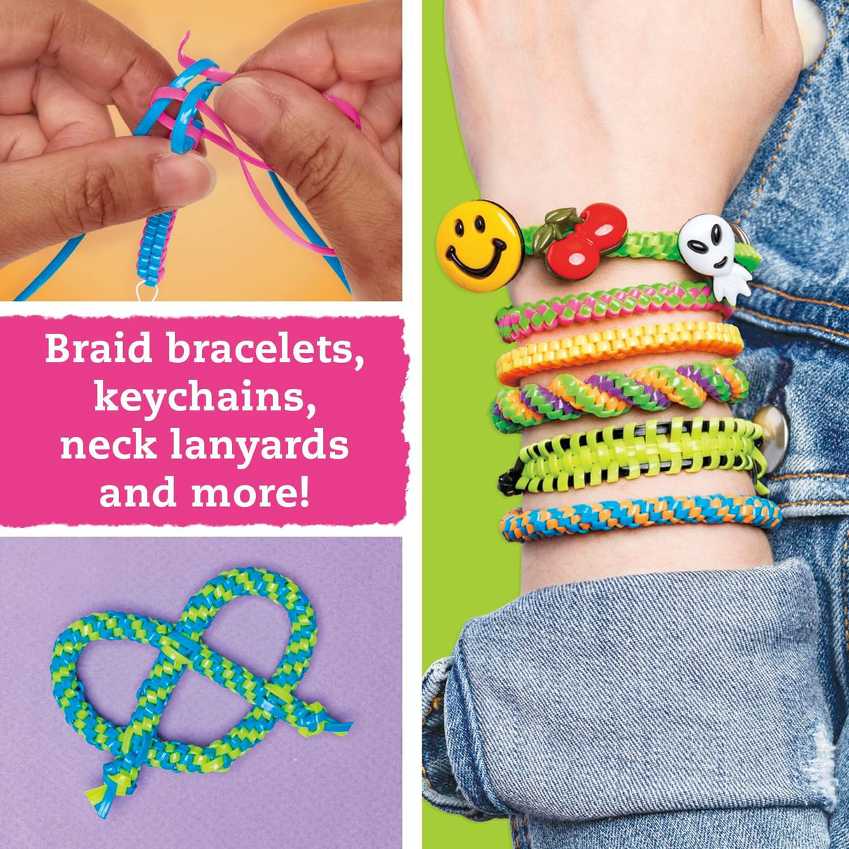 Hands braiding colorful cords and wrist with vibrant bracelets made using Lanyard Scoubidou & Boondoggle.
