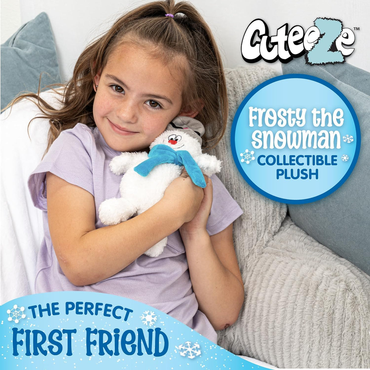 Young girl hugging Frosty the Snowman plush, showcasing the 8.5" Frosty the Snowman collectible plush.