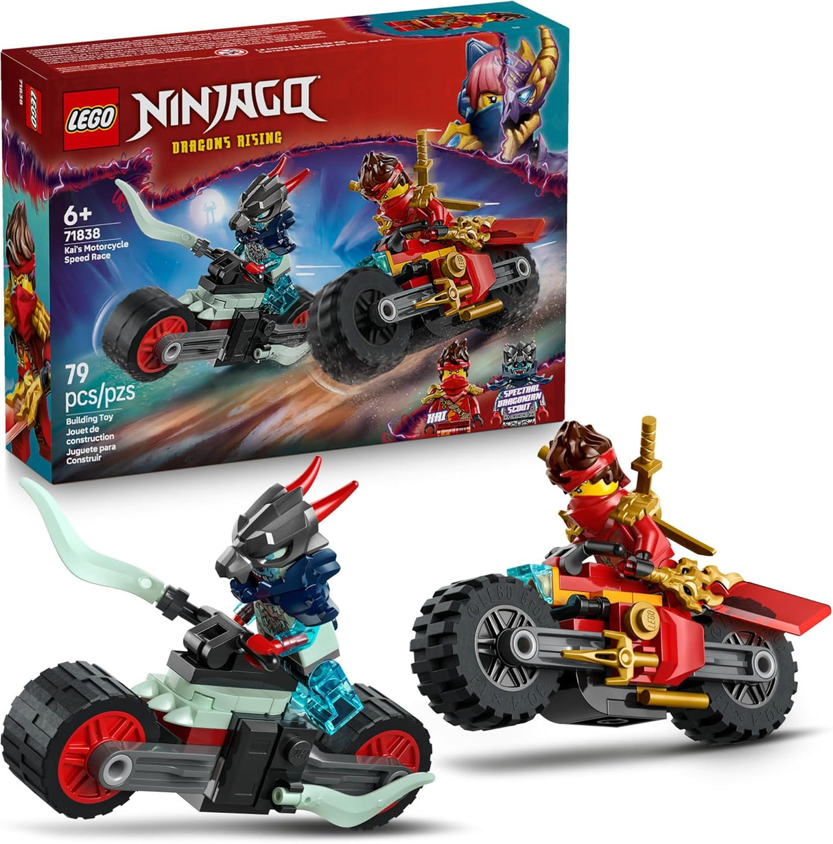 LEGO Ninjago set featuring Kai and Spectral Dragonian Scout racing motorcycles with swords and translucent blades.