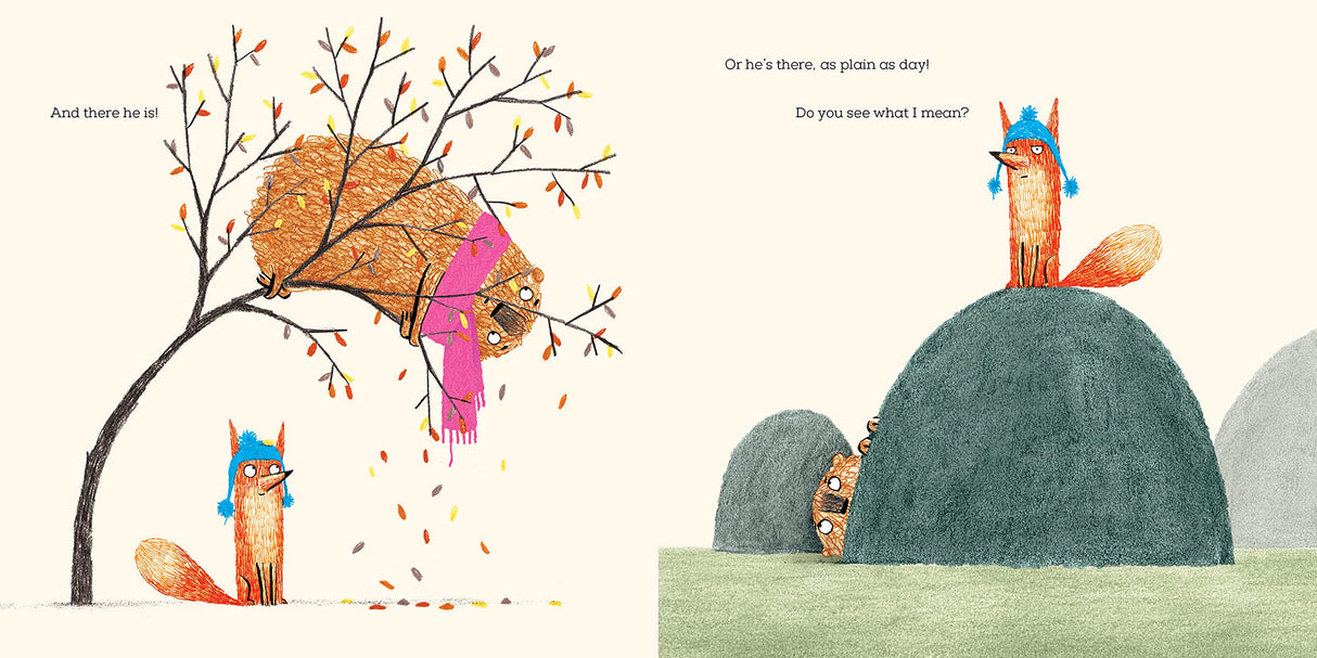 Illustration from Frank and Bert showing Bert the bear hiding in a tree with Frank the fox watching nearby.