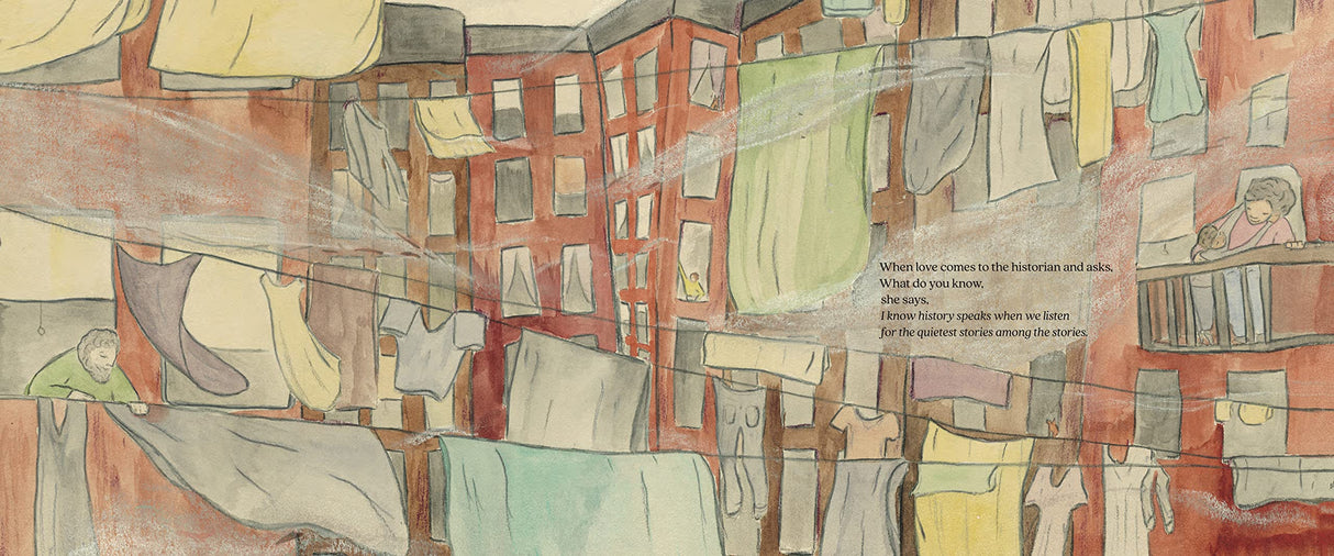 Illustration from What Do You Know? showing city buildings and clotheslines, inviting reflection and listening to the world.