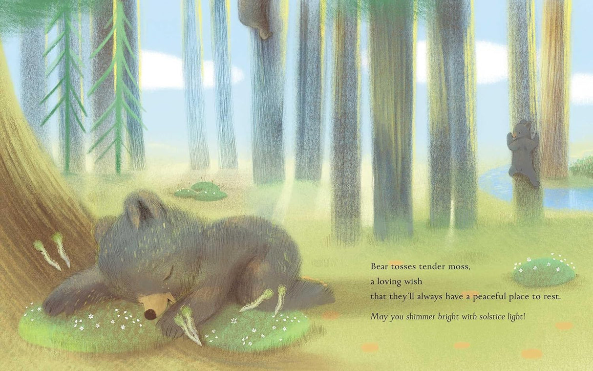 Illustration from Summer a Solstice Story showing a bear resting peacefully in a sunlit forest on solstice morning.