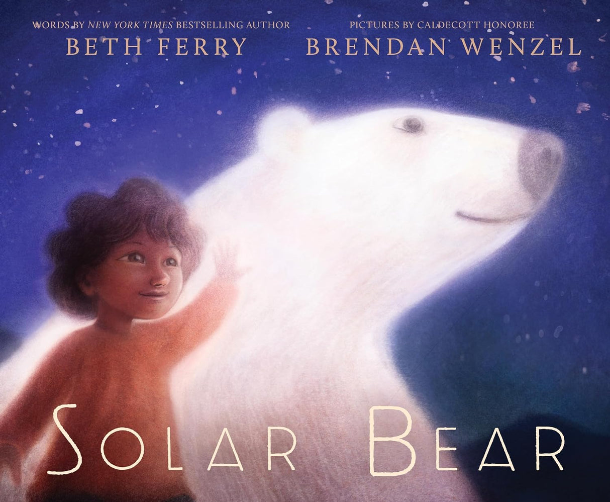 Cover of The Solar Bear showing a child with a glowing polar bear under a starry night sky.